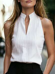Balvessa Women V-Neck Sleeveless Textured Tank Top - White - View 4