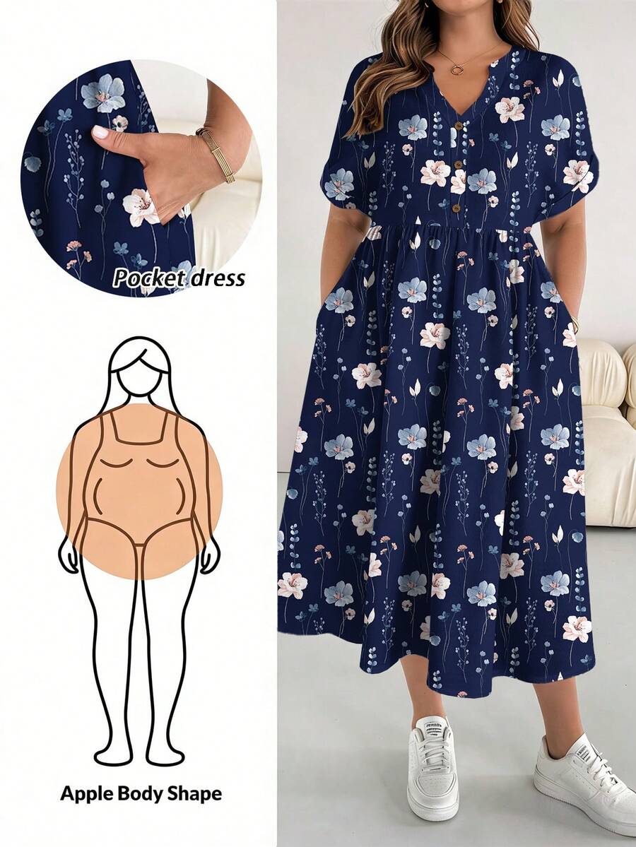 SHEIN Essnce 大码夏季休闲碎花V领系腰连衣裙 - 藏蓝色 - 查看 1