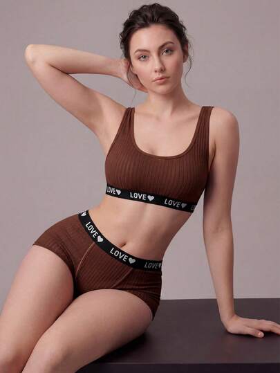 舒适字母胶带文胸和内裤内衣套装