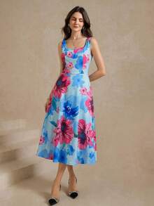 Ellevyn 女士优雅印花无袖中长连衣裙，夏季 - 藍色 - 查看 7