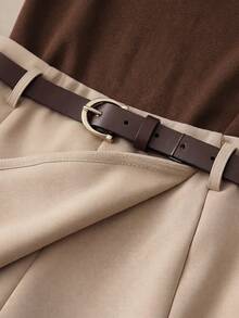 Franclia 女士休闲优雅白色高领短袖罗纹上衣+卡其色宽松短款阔腿裤，配腰带，适合日常穿着、派对、浪漫约会和度假。 - 棕色 - 查看 5