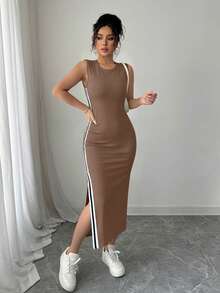 Selianne Round Neck Black & White Ribbon Dress With Side Slit For Women - Brown - View 6