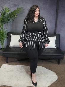 Blusa casual de manga larga con cuello vuelto, estampado de rayas y parches, para vacaciones, talla grande - Blanco y Negro - Ver 5