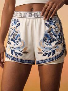 CAJUNI Quần short thể thao in hoa giản dị, thích hợp cho mùa hè. - Xanh và trắng - Xem 3