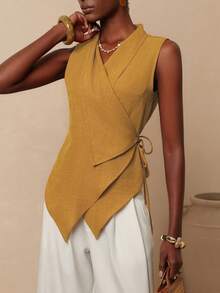 Vesra Women's Solid Color Asymmetrical Shirt, Summer - Mustard Yellow - View 5