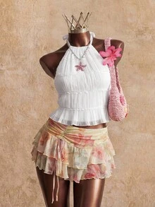 Elin Vora Blusa de mujer con ribete de volantes en el dobladillo y lazo en el cuello - Blanco - Ver 3