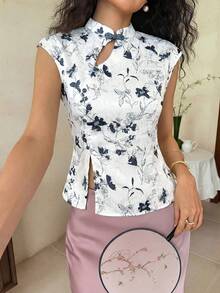EastFlair Áo hai dây không tay in hoa thanh lịch dành cho nữ, thích hợp cho mùa hè. - Đen và trắng - Xem 6