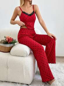 WovenCharm 2Pcs Cotton Red Heart Pattern  Trim Cami Top With Lace Detail Homewear Set - Red - View 6