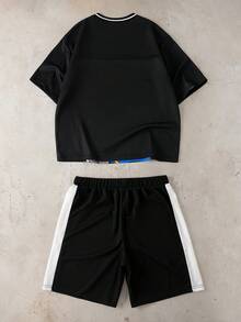 LOONEY TUNES X SHEIN Tween Boy Summer Casual Rabbit Print Breathable V-Neck Short Sleeve T-Shirt And Shorts Set - Black - View 2