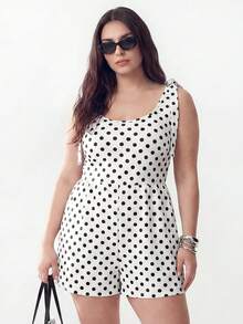 Solavibe Plus Size Women Polka Dot Knotted Shoulder Casual 90s Everyday Jumpsuit, Summer Outfits, Going Out Brunch Beach Oufits - White - View 1
