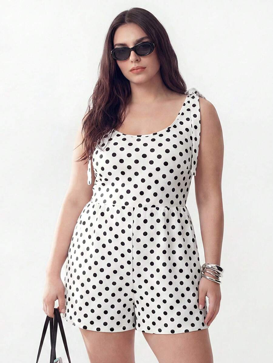 Solavibe Plus Size Women Polka Dot Knotted Shoulder Casual 90s Everyday Jumpsuit, Summer Outfits, Going Out Brunch Beach Oufits - White - View 1