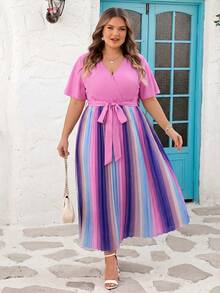 SHEIN CURVE+ Curve 尺码 US22 音乐节、海滨度假、波西米亚风女士彩虹褶皱V领灯笼袖系带背心毕业礼服婚礼宾客礼服女士学位模拟礼服女士沙滩裙女士假日太阳裙生日礼服女士骄傲节女士礼服优雅礼服女士休闲礼服女士生日礼服女士夏季礼服女士夏季礼服 - 彩色 - 查看 5