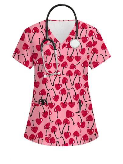PopScrub 爱心樱桃印花V领短袖女式/护士服上衣，春夏时尚款