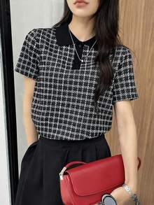 DAZY 女款格紋領短袖T恤，適合夏季日常通勤商務休閒女裝 - 黑色 - 查看 2
