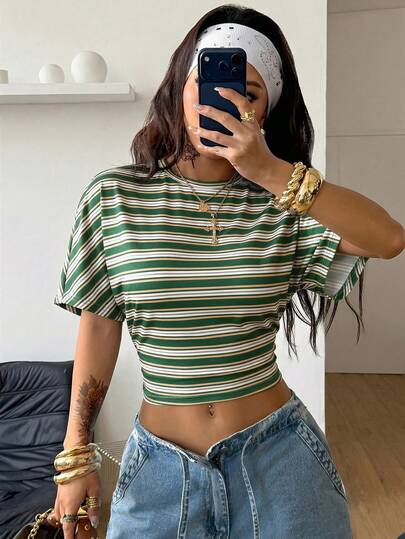 Coolane Women's Summer Minimalist Y2K Basic Daily Wear Casual Back To School Streetwear Stretchy White Loose Ruched Crop Tees