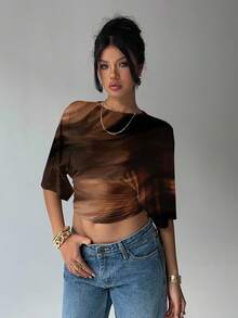 Aloruh Women's Fashionable Tie-Dye Print Batwing Sleeve Ruched Waist T-Shirt, Summer - Brown - View 6