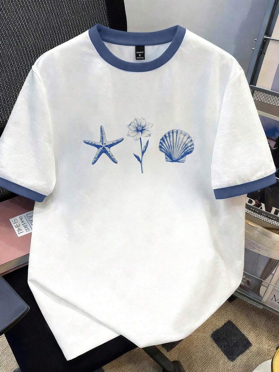 Manfinity Joysei 海岛度假风贝壳、海星和花朵印花时尚T恤，藏青色和白色撞色设计，男士标准尺码 - 白色 - 查看 1