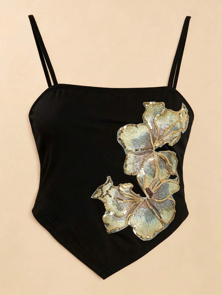 Travachic Camiseta de tirantes con bajo asimétrico, bordado y parches de contraste de color para mujer - Negro - Ver 1