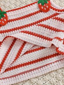 2pcs Baby Girls Sleeveless Red And White Stripe Top,Strawberry Embroidery Decor,Elastic Waist Shorts,Summer Cute Vacation Casual Sweet Set For Daily - Red and White - View 11