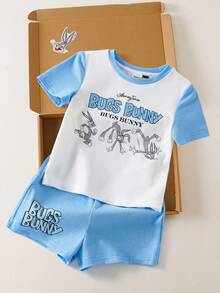 LOONEY TUNES X SHEIN Bộ áo thun và quần short in chữ hoạt hình phối màu tương phản cho bé trai. - Màu xanh lam - Xem 2