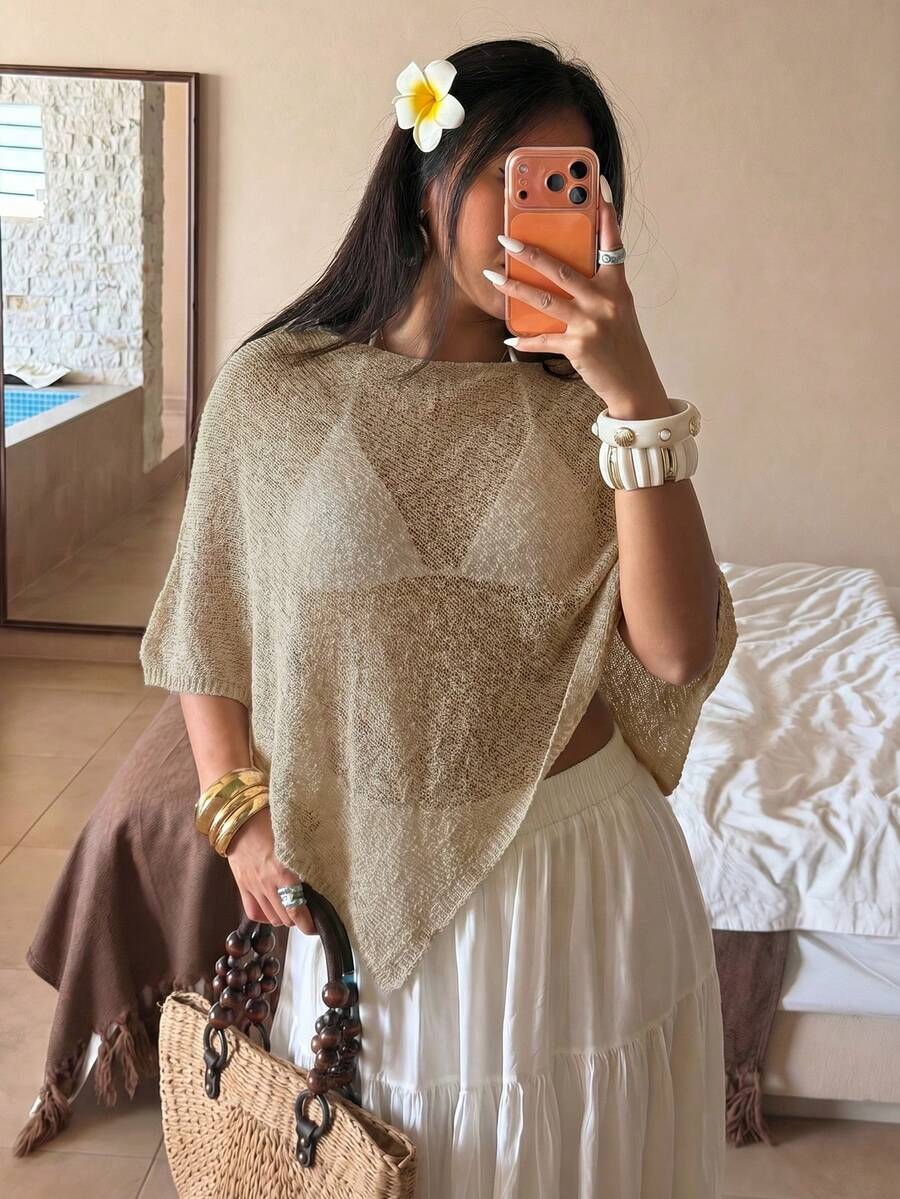 Chiquease Nuevo cubrecuerpo de punto suelto y ligero con mangas de murciélago, estilo casual de playa, yate y piscina, parte superior de punto color caqui claro para mujeres, suéteres de verano para mujeres, atuendos de vacaciones para mujeres, cubrecuerpo - Albaricoque - Ver 1