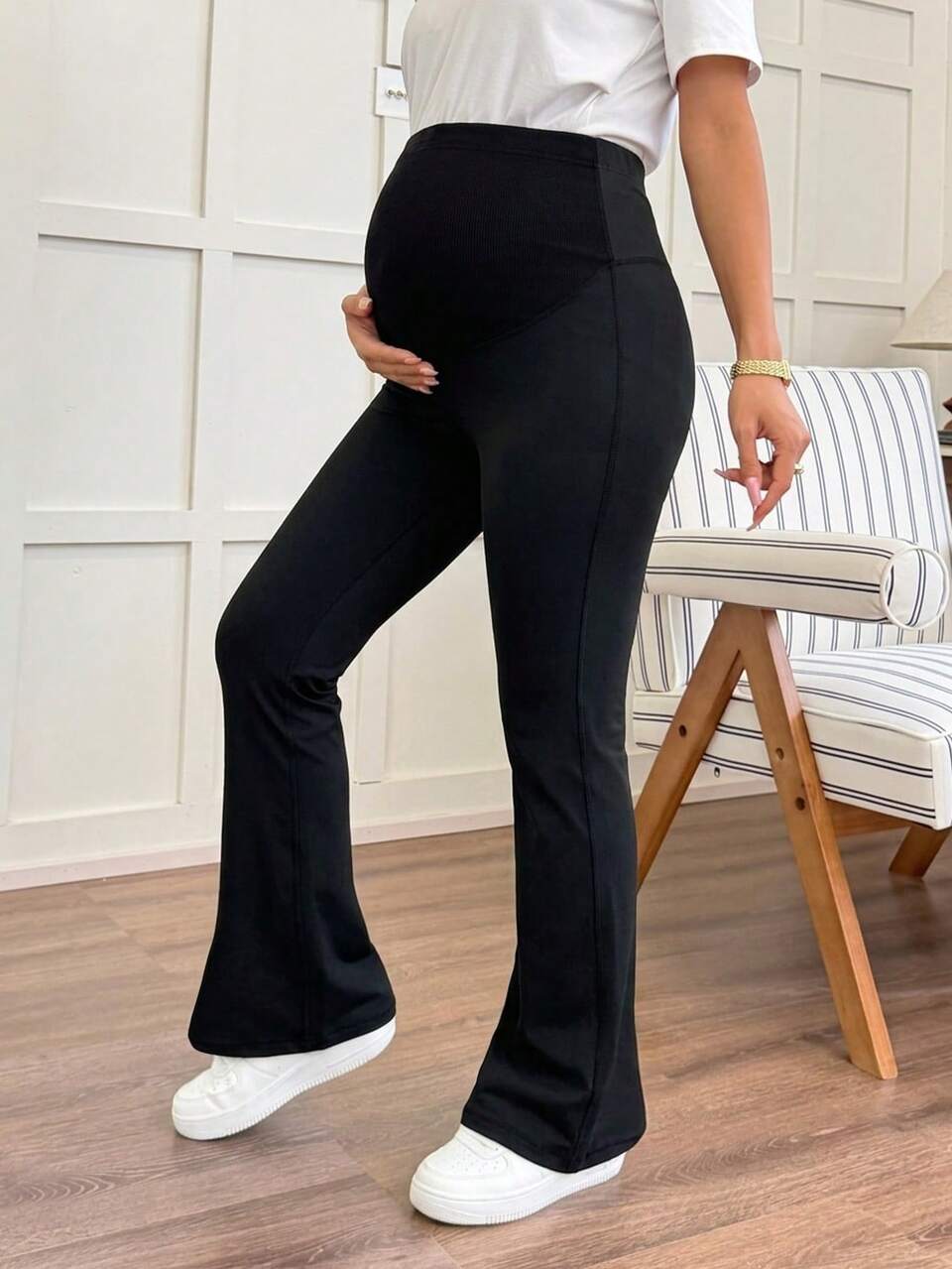 Adjustable Waist Elastic Fitted Flare Casual Maternity Leggings, All Season Fall