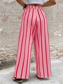 Vionelle Pantalones rectos de pierna recta con textura a rayas blancas y negras de estilo vintage para talla grande, versátiles para vacaciones - Rosa - Ver 3