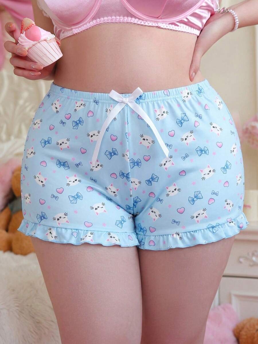 PetitDoll 大码女士舒适家居可爱猫咪爱心蝴蝶结装饰内裤 - 藍色 - 查看 1
