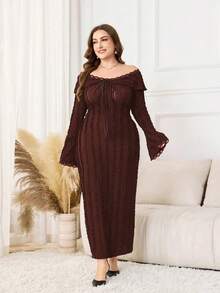 Modelyn Plus Size Women's Off Shoulder Ruffle Long Sleeve Fitted Textured Lace Splice French Elegant Dress - Brown - View 7