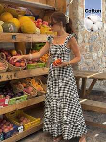 Serisse Women's Casual Plaid Daisy Embroidered Dress, Summer, Gigham Dress For Woman, Black And White Dress, Daisy DressWomen's Summer Cotton Gingham Floral Print Square Neck Ruffle Strap Tiered Maxi Dress Casual Vacation Country Style,Cottagecore Black And White Plaid Daisy Ruffle Strap Dress Women's Spring Summer Casual Beach Vacation Long Dress,Women's Casual Cotton Plaid Floral Dress Square Neck Ruffle Tiered Summer Sundress,Summer,Casual,Floral,Ruffle,Country,Black/White,Holiday Outfits For Women ,Summer Holiday Outfits ,Casual Suit, Suitable For Everyday Wear. - Black and White - View 6