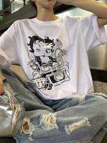 DAZY 女士休闲卡通印花宽松落肩T恤，适合夏季日常通勤 - 白色 - 查看 2