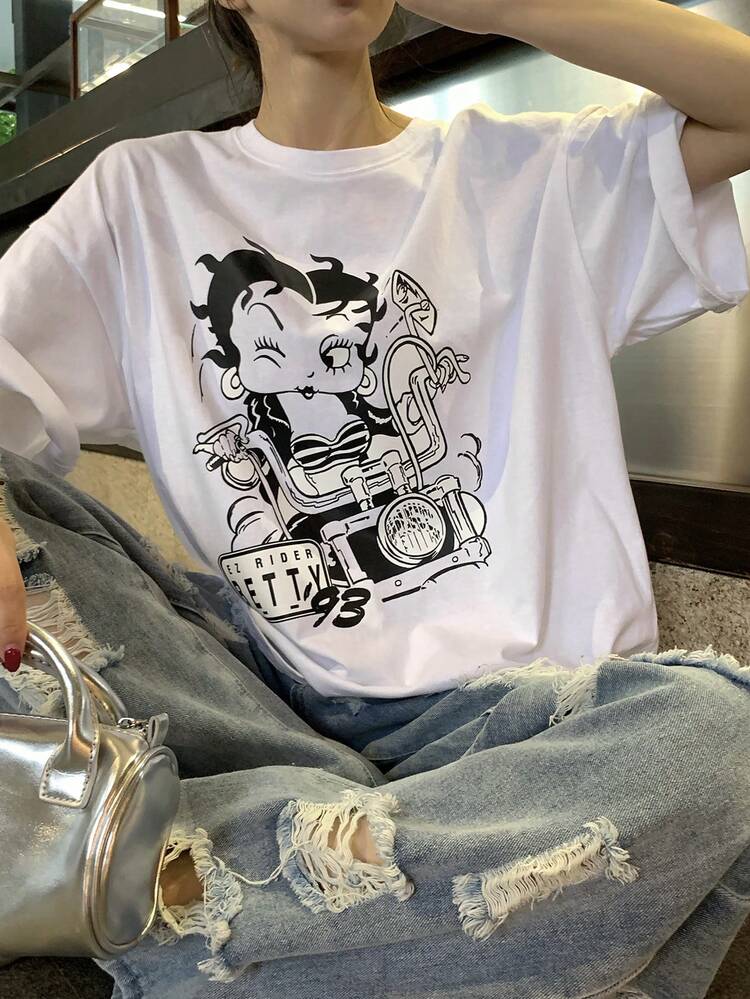 Women's Casual Cartoon Print Loose Fit Drop Shoulder T-Shirt, Suitable For Daily Commute In Summer