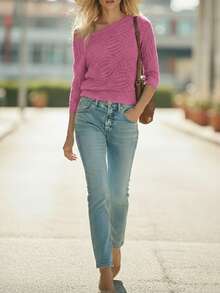 EMERY ROSE Suéter casual de mujer de cuello redondo, manga raglán, puños y bajo acanalados, con patrón calado, de ajuste holgado, nueva llegada para todas las temporadas - Rojo violeta - Ver 3