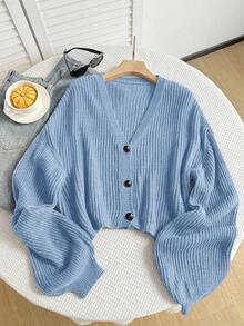 SHEIN EZwear Light Blue Casual Everyday Ribbed Knit Cardigan With Front Buttons, Plus Size Fall Winter - Baby Blue - View 3