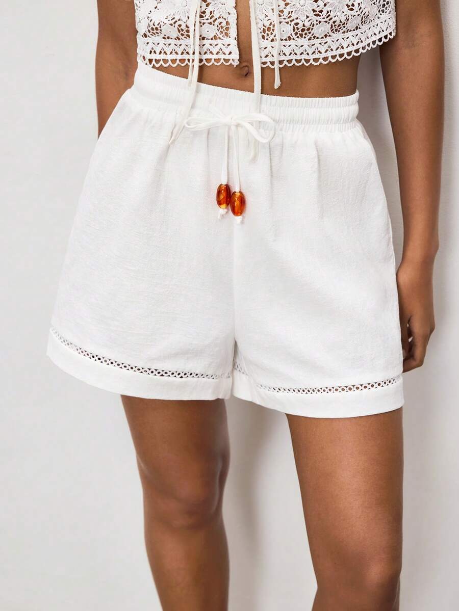 Maija Quần short nữ mùa hè, đính hạt cườm, có dây rút ở eo. - trắng - Xem 1