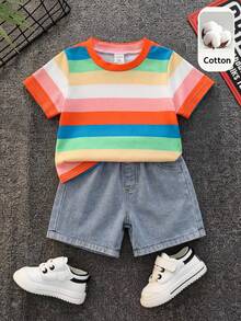 SHEIN 2pcs/Set Baby Boy Summer Casual Colorful Striped T-Shirt And Blue Denim Shorts Set - Multicolor - View 11