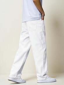 RONVEXI Men's Casual Simple Solid Color Straight-Cut Jeans - White - View 2