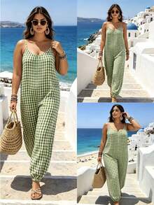 Linhara CURVE Plus Size Casual Plaid Spaghetti Strap Backless Jumpsuit - Pink - View 3