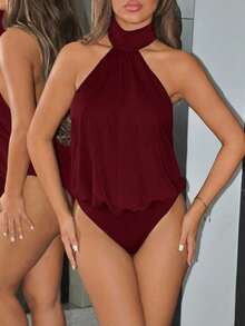 SHEIN ICON 女士高领露背多层连体衣 - 酒紅色 - 查看 7