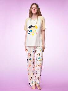 Notgurli Conjunto de pijama de mujer con estampado de cachorrito, de manga corta y pantalón - Multicolor - Ver 3