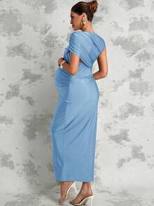 MaterniChic Maternity Solid Color Ruched Fitted Elegant Summer Dress - Blue - View 10