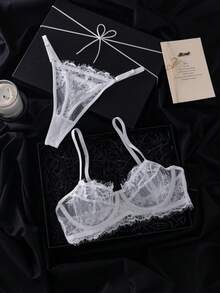 SHEIN 2pcs/Set Rose Red Lace Patchwork Lingerie Set, Mature & Sensual - White - View 3