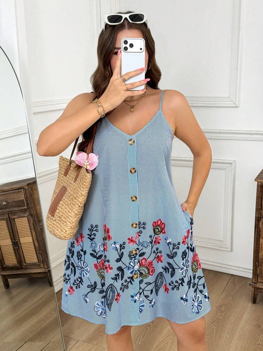 SHEIN LUNE Abito bohémien estivo con spalline sottili, taglia comoda - Blu - Visualizzare 1
