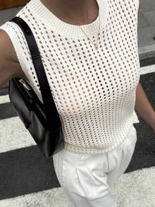 Women's Crew Neck Sleeveless Hollow-Out Textured Knit Pullover Top, Urban Casual - White - View 1