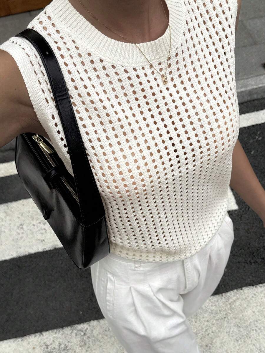 Women's Crew Neck Sleeveless Hollow-Out Textured Knit Pullover Top, Urban Casual - White - View 1