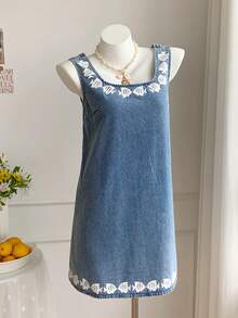 Comfortcana Women's Fish Print Square Neck Sleeveless Denim Dress, Summer - Light Wash - View 3