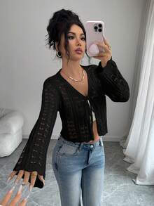 Selianne Women's Elegant Fitted Hollow-Out Tie Front Boho Holiday Vacation Flare Sleeve Cardigan, Spring/Summer - Black - View 3
