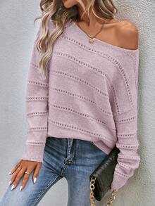 EMERY ROSE Women's Casual Sexy Solid Color Round Neck Drop Shoulder Sweater, Suitable For Spring And Autumn Golf Pastal - Pink - View 6