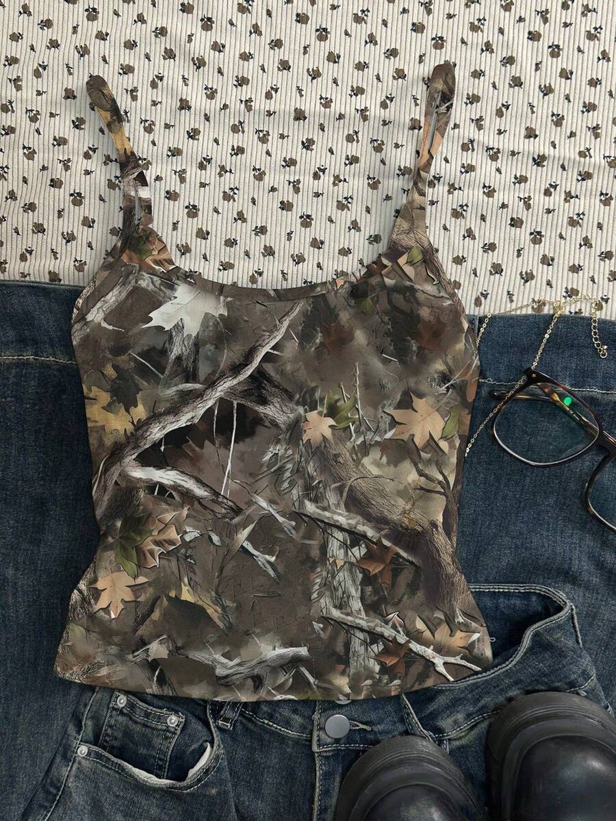 少女休闲简约个性化树枝干叶印花吊带背心，时尚百搭，适合春夏穿着，休闲度假风，Y2K轻松舒适，豹纹上衣，少女服装，图案T恤，图案，舒适 - 彩色 - 查看 1