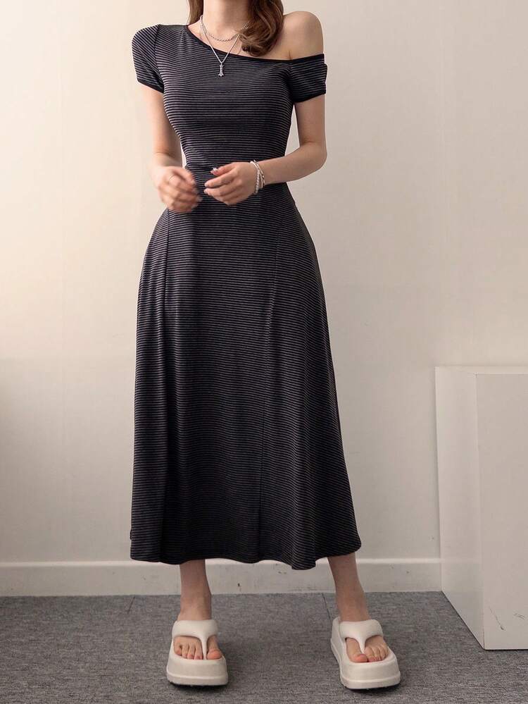 Women's Striped Asymmetric Neck Short Sleeve Dress Sun Dresses For Women
